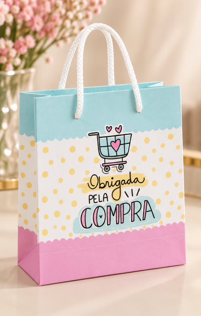 Sacola com alças brancas, parte superior azul-clara, base rosa e centro branco com bolinhas amarelas. Na frente, um carrinho com corações e a frase “Obrigada pela compra”.